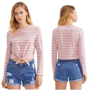NEW Pink and White Knot Front Crop Top Long Sleeve